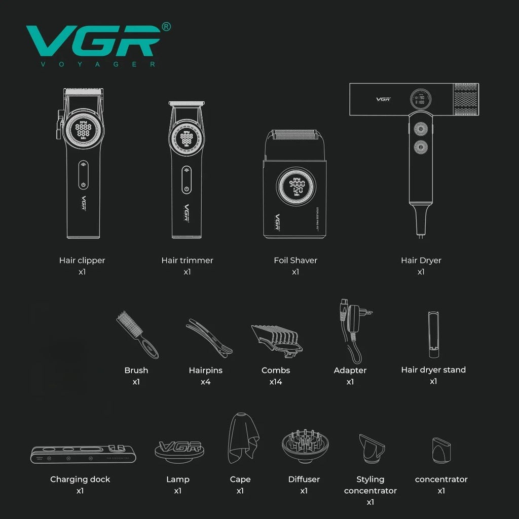 VGR Hair Trimmer Professional Electric Clipper Barber 9000 RPM Shaver BLDC Motor Hair Dryer Stepless Pro 4 In 1 Trimmer for Men