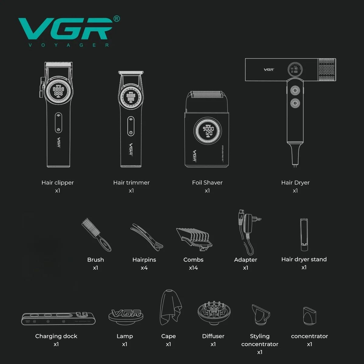VGR Hair Trimmer Professional Electric Clipper Barber 9000 RPM Shaver BLDC Motor Hair Dryer Stepless Pro 4 In 1 Trimmer for Men