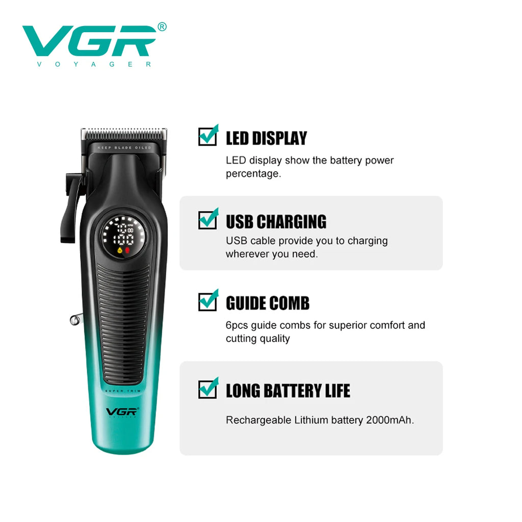 VGR Hair Clipper Professional Trimmer Adjustable Hair Cutting Machine Rechargeable Clipper LED Haircut Clipper for Men V-196