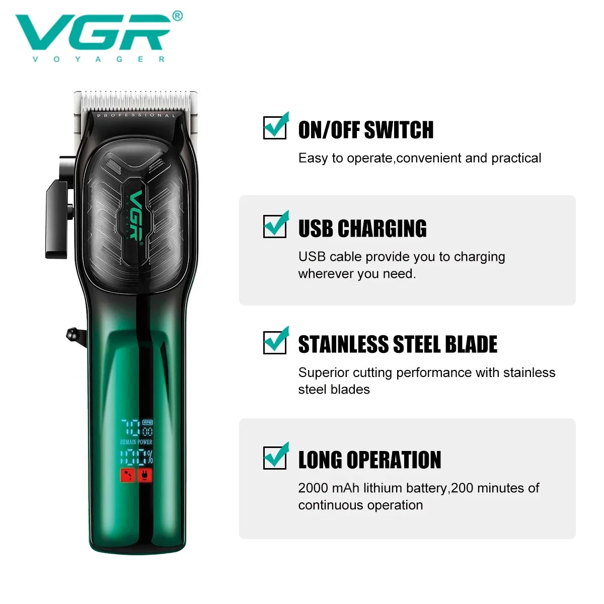 VGR Hair Trimmer Professional Hair Clipper Rechargeable Haircut Machine Adjustable Hair Clipper Electric Trimmer for Men V-654