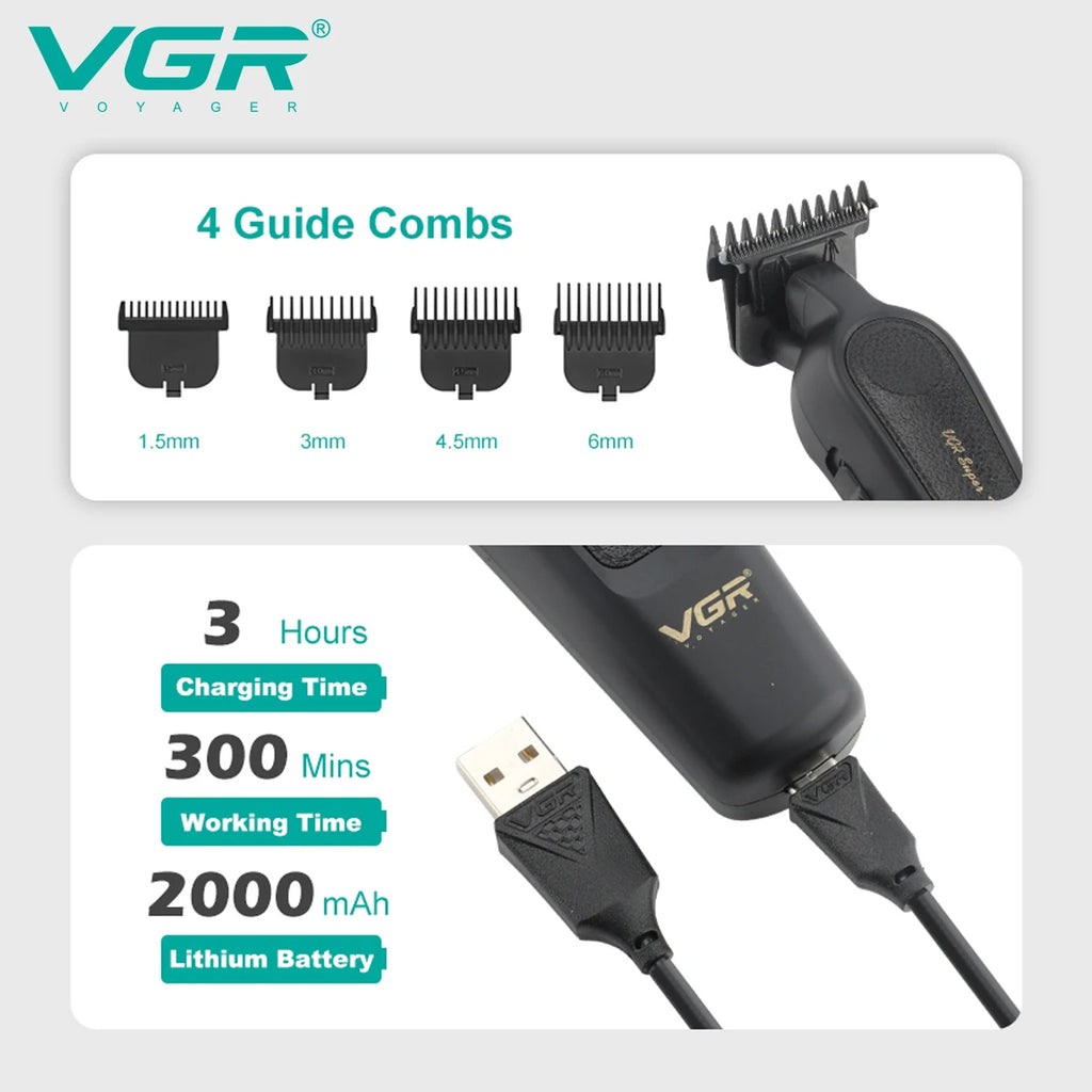 VGR V-995 Professional Hair Clipper for Men DLC T-Blade Low Noise Ceramic Blade Cordless Oil Head Hair Trimmer Finishing Machine