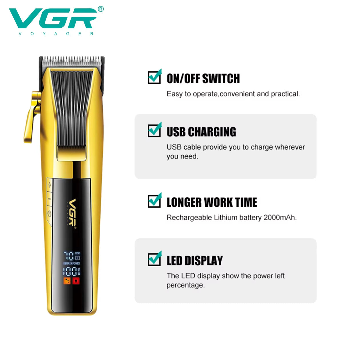 VGR Professional Trimmer Hair Clipper Cordless Hair Beard Trimmer Men's Electric Hair Trimmer Rechargeable Adjustable Set V-177 clipper shaver