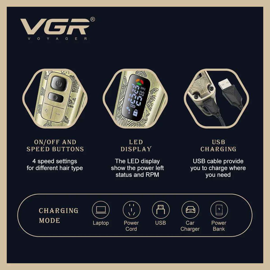 VGR V-643 high-end men's hair clipper with retro metal body, professional hair trimmer with LCD digital display and push shear v 643