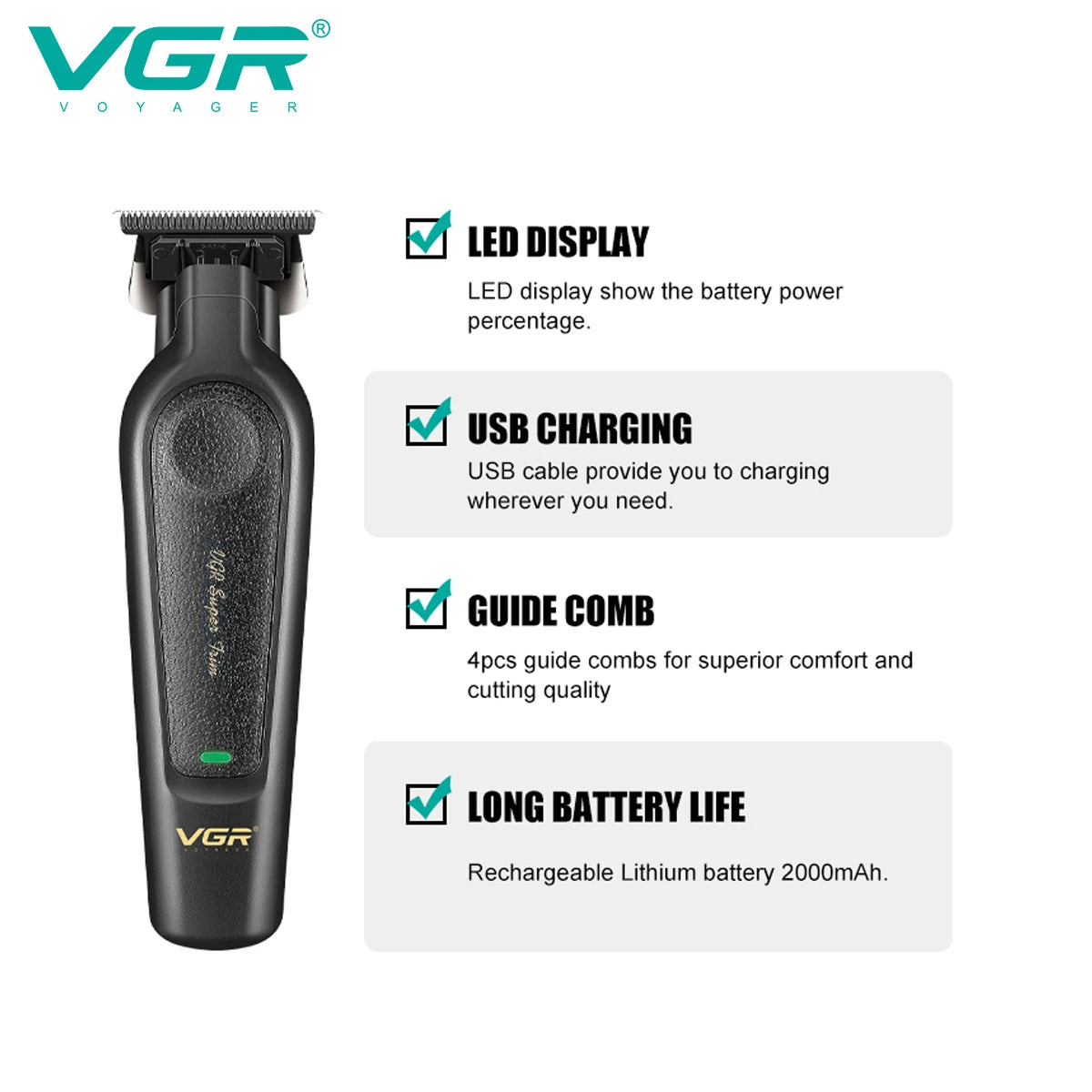 VGR V-995 Professional Hair Clipper for Men DLC T-Blade Low Noise Ceramic Blade Cordless Oil Head Hair Trimmer Finishing Machine