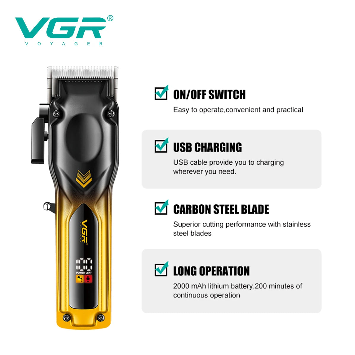 VGR V-656 hair clipper gradient color body high-end hair trimmer intelligent LCD digital display high-speed electric push shear V 656