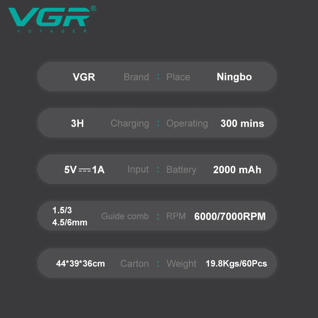 VGR V-995 Professional Hair Clipper for Men DLC T-Blade Low Noise Ceramic Blade Cordless Oil Head Hair Trimmer Finishing Machine