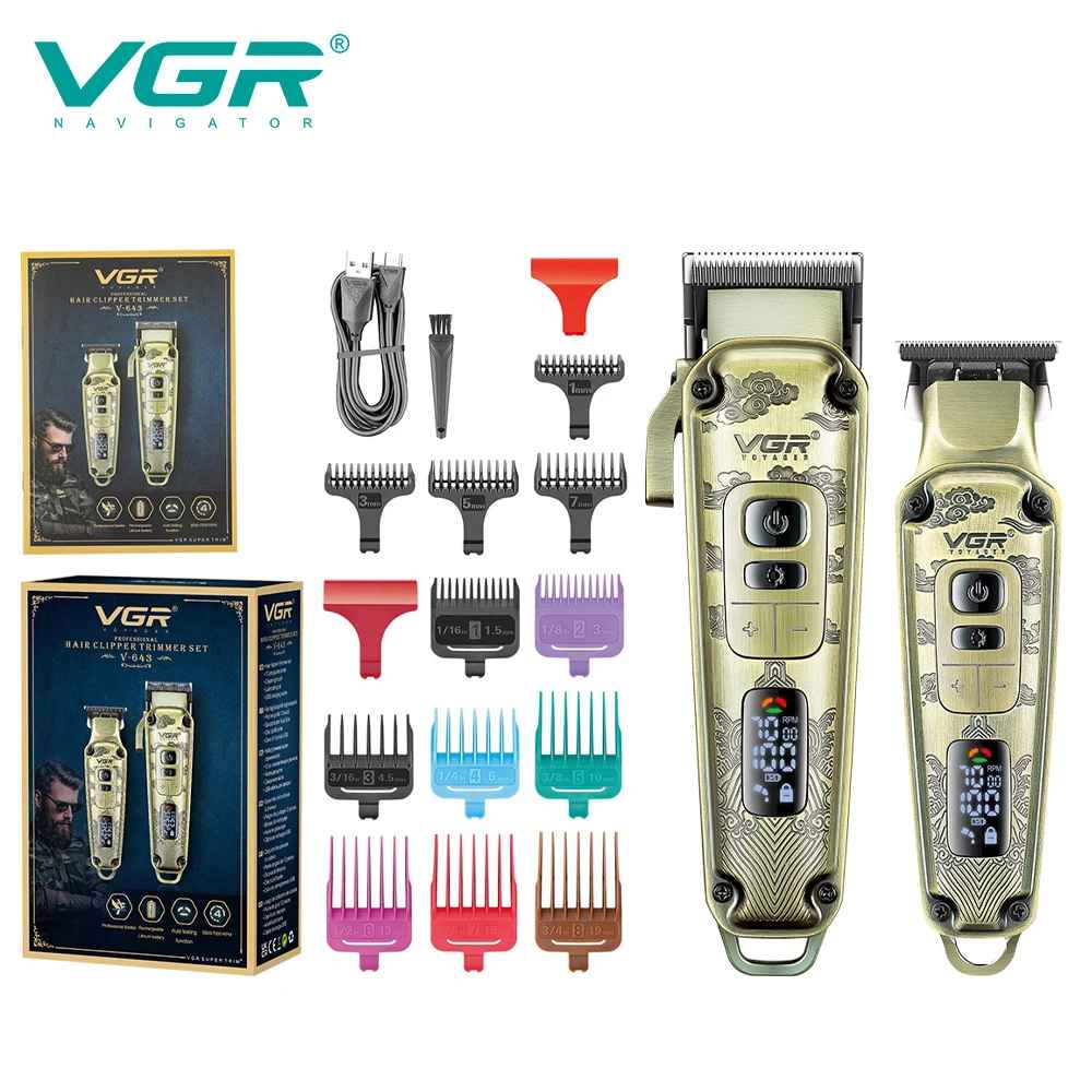 VGR V-643 high-end men's hair clipper with retro metal body, professional hair trimmer with LCD digital display and push shear v 643